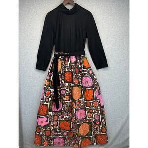 Vintage Louise Marie Dress Size XS Black Quilted Pink Floral Maxi Belted Zipper